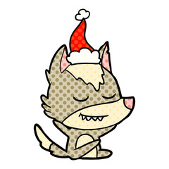 friendly comic book style illustration of a wolf sitting wearing santa hat