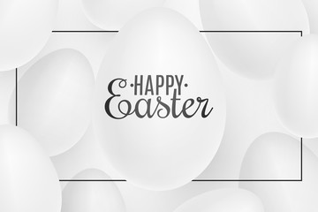 Realistic Easter white 3D eggs in frame. Cover for happy easter. Festive web banner. Vector illustration