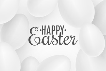 Realistic Easter white 3D eggs on white background. Scattered eggs. Cover for happy easter. Festive web banner. Vector illustration