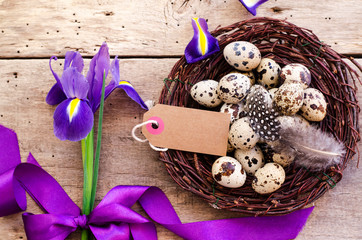 Easter background and spring flowers.Space for text. - Image