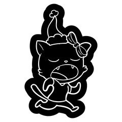 cartoon icon of a yawning cat wearing santa hat