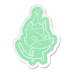 friendly cartoon  sticker of a wolf wearing santa hat