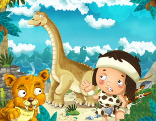 cartoon scene with caveman near the sea shore looking at some happy and funny giant dinosaur diplodocus and sabre tooth tiger - illustration for children