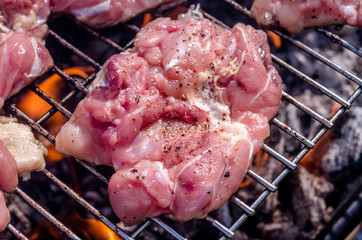 Chicken steak on the grill. Cooking chicken on the barbeque with charcoal in garden.