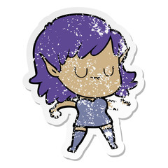 distressed sticker of a happy cartoon elf girl