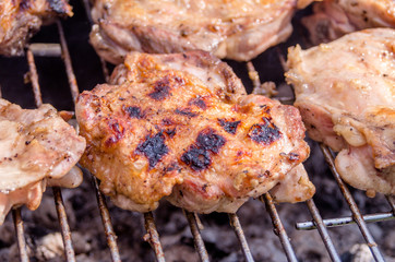 Chicken steak on the grill. Cooking chicken on the barbeque with charcoal in garden.