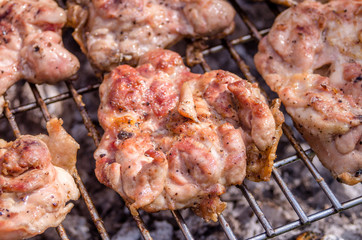 Chicken steak on the grill. Cooking chicken on the barbeque with charcoal in garden.