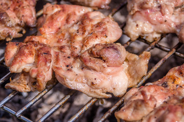 Chicken steak on the grill. Cooking chicken on the barbeque with charcoal in garden.