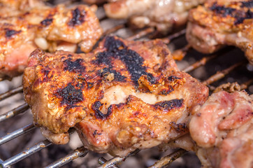 Chicken steak on the grill. Cooking chicken on the barbeque with charcoal in garden.