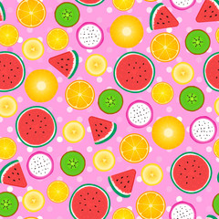 Abstract girly texture. Seamless pattern of fruit slices. Vector illustration isolated on pink background