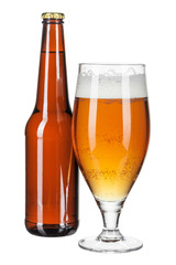 Beer bottle and beer glass on white background