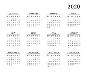 Calendar for 2020 on white background.