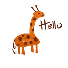 Fototapeta na wymiar Vector Cartoon Giraffe with Hello Lettering.