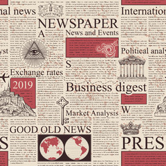 Vector seamless pattern with newspaper columns. Text in newspaper page unreadable. Old newspaper with black text and aged spots, repeating newspaper vector background with headings and illustrations.