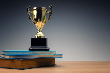 golden trophy on stack of book for education success concept.