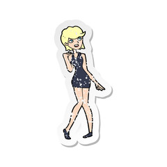 retro distressed sticker of a cartoon woman in cocktail dress
