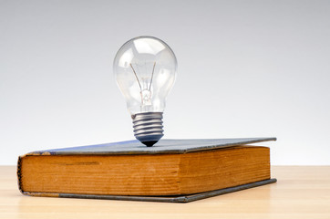 Education success and innovation concept, closeup shot image of light bulb on retro book over gray background - 254665559