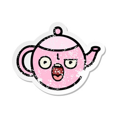 distressed sticker of a cute cartoon teapot