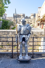 Iron knight statue in Rhodes old town, Greece