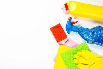 Cleaning product, household on white top view.