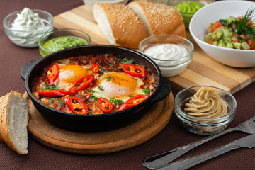 shakshuka in the pan and food on a table