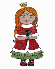 The little blonde princess with big blue eyes stands in a red coat and a green skirt with snowdrops in her hands and smiles