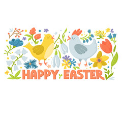 Happy Easter greeting card, horizontal banner with cute cartoon hen, rooster and spring flowers, vector illustration on white background. Easter greeting card with chicken, flowers and text