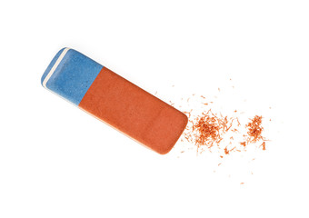 Eraser and eraser scrap on a white background, top view.