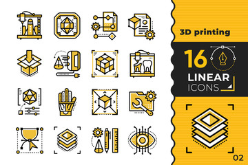 Linear icon set of 3D printing and 3D modeling. Suitable for presentation, mobile apps, website, interfaces and print