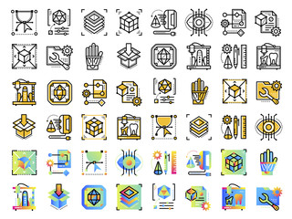Linear icon set of 3D printing and 3D modeling. Suitable for presentation, mobile apps, website, interfaces and print