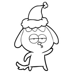 line drawing of a bored dog wearing santa hat