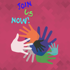 Conceptual hand writing showing Join Us Now. Concept meaning enroll community register website Recruit someone Signup