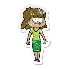 distressed sticker of a cartoon smiling woman