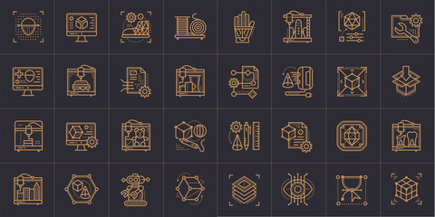 Collection of linear icons, 3D printing and 3D modeling. Suitable for presentation, mobile apps, website, interfaces and print