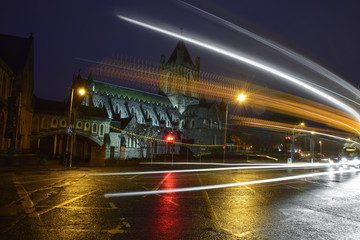Fototapeta na wymiar Night Dublin. Christ Church Cathedral in the lights of the city at night.
