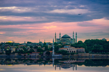 Fototapeta na wymiar Beautiful view of Hagia Sophia with reflection in the water, Istanbul, Turkey