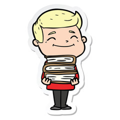 sticker of a happy cartoon man with stack of books