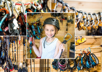 Set of little smiling girl with rock climbing equipment