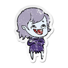distressed sticker of a cartoon laughing vampire girl