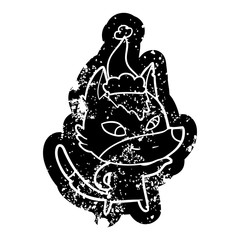 friendly cartoon distressed icon of a wolf wearing santa hat