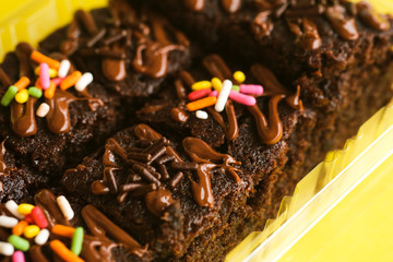 Chocolate brownies shot on isolated background.