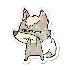 distressed sticker of a cartoon annoyed wolf