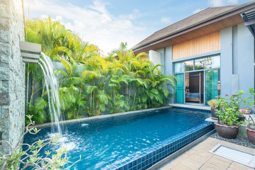 home or house building  Exterior  and interior design showing tropical pool villa with green...