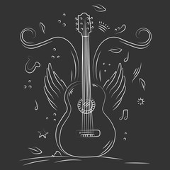 Hand drawn acoustic guitar with wings and music notes. Sketch style vector illustration isolated ob black background. Line art. Chalk board.