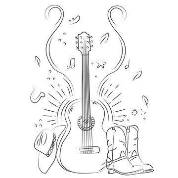 Hand drawn acoustic guitar with cowboy shoes and hat.  Sketch style vector illustration isolated ob white background. Line art. 