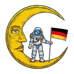 Astronaut spaceman with German flag on cartoon moon with face color sketch engraving vector illustration. Scratch board style imitation. Black and white hand drawn image.