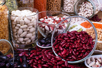 Healthy food, dieting, nutrition concept, vegan protein source. Assortment of colorful legumes ,...