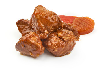 Stewed Beef meat pieces, traditional homemade European goulash, Hungarian bograch, close-up, isolated on white background