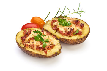 Baked potatoes stuffed with cheese and bacon, Homemade food, close-up, isolated on white background