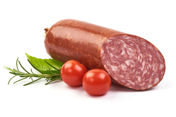 Cold Salami, Smoked sausage, herbs and tomatoes, isolated on white background. Close-up